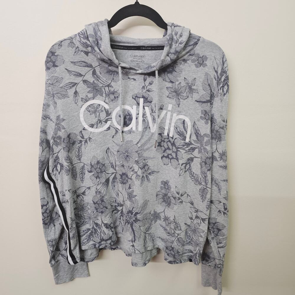 Calvin Klein Performance Gray Floral Stretch Hooded Shirt Soft Pullover Size L